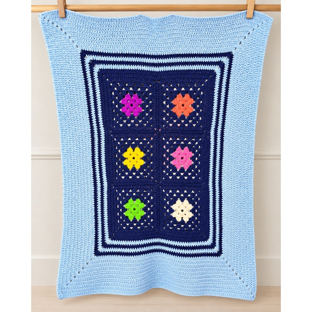 Handmade Crochet Granny Square Afghan Blanket – Blue Floral – 34" x 39"